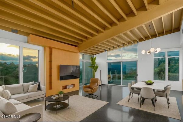 Dining room, Interior, Living room, Pendant Lights, Wooden Beams