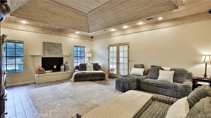 Fireplace, Interior, Living room, Recessed Lighting, Wooden Ceilings, Wood Texture Flooring