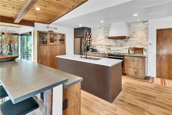 Interior, Kitchen, Marble Walls, Recessed Lighting, Stainless Steel Appliances, Wooden Beams, Wooden Ceilings, Wood Texture Flooring