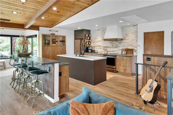 Interior, Kitchen, Marble Walls, Recessed Lighting, Stainless Steel Appliances, Wooden Beams, Wooden Ceilings, Wood Texture Flooring
