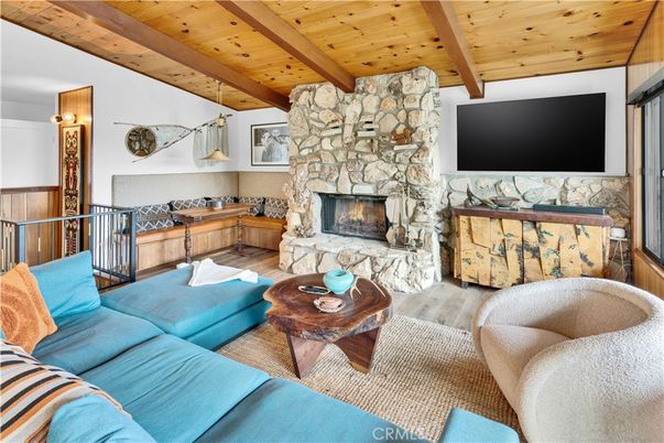 Fireplace, Interior, Living room, Pendant Lights, Stone Walls, Wooden Beams, Wooden Ceilings, Wood Texture Flooring