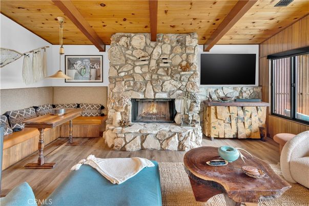 Fireplace, Interior, Living room, Pendant Lights, Stone Walls, Wooden Beams, Wooden Ceilings, Wood Texture Flooring