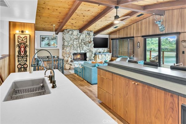 Fireplace, Interior, Kitchen, Living room, Recessed Lighting, Stone Walls, Wooden Beams, Wooden Ceilings, Wood Texture Flooring
