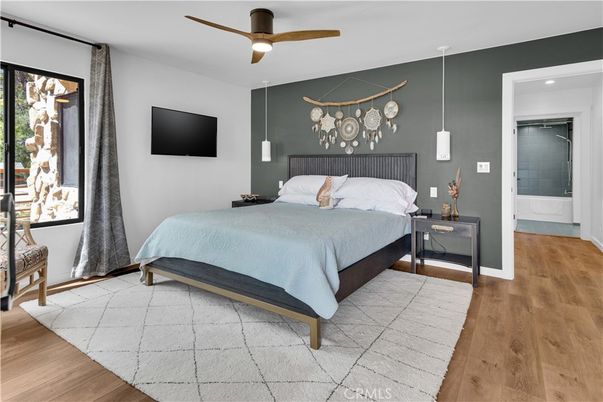 Bedroom, Interior, Pendant Lights, Wood Texture Flooring
