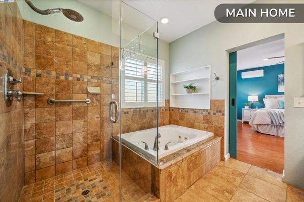 Bathroom, Bedroom, Glass Shower, Interior, Recessed Lighting, Wood Texture Flooring
