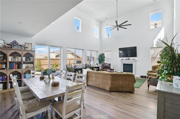 Dining room, Fireplace, Interior, Living room, Pendant Lights, Wood Texture Flooring