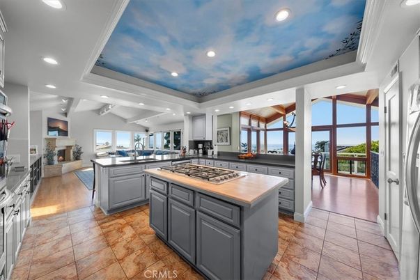 Fireplace, Interior, Kitchen, Living room, Recessed Lighting, Stainless Steel Appliances