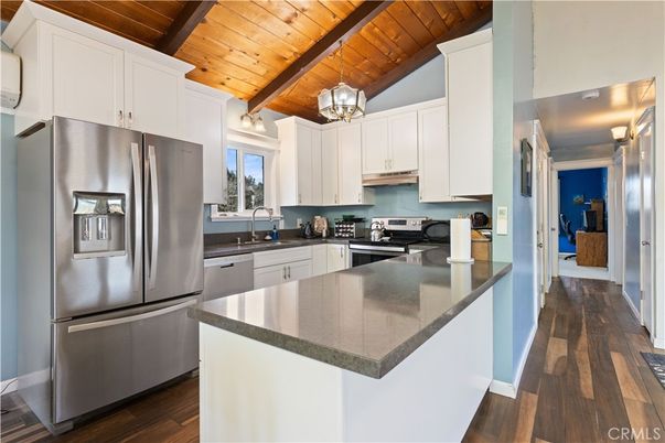 Interior, Kitchen, Pendant Lights, Stainless Steel Appliances, Wooden Beams, Wooden Ceilings, Wood Texture Flooring