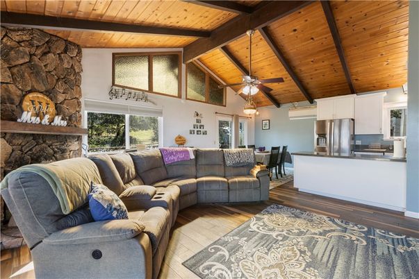 Dining room, Fireplace, Interior, Kitchen, Living room, Stainless Steel Appliances, Stone Walls, Wooden Beams, Wooden Ceilings, Wood Texture Flooring