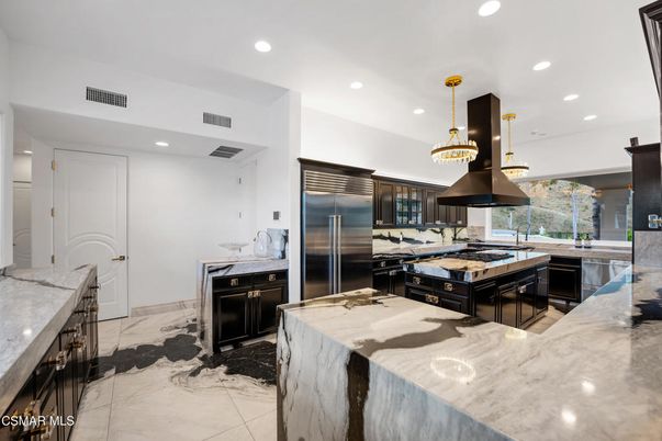 Interior, Kitchen, Marble, Pendant Lights, Recessed Lighting, Stainless Steel Appliances