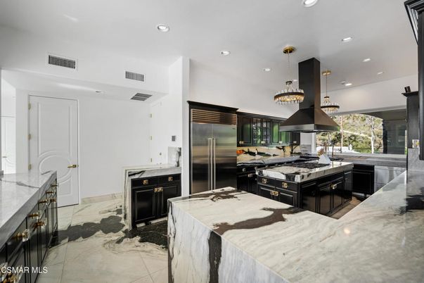 Interior, Kitchen, Marble, Pendant Lights, Recessed Lighting, Stainless Steel Appliances