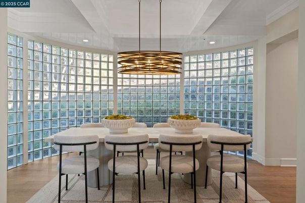 Dining room, Interior, Pendant Lights, Recessed Lighting, Wood Texture Flooring