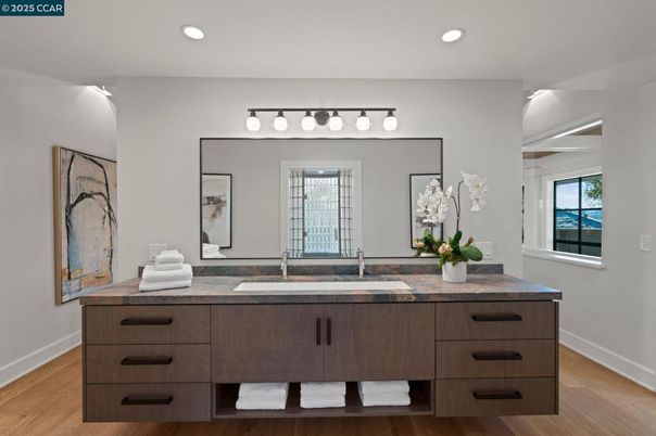 Bathroom, Dual Sink Vanities, Interior, Recessed Lighting, Wood Texture Flooring