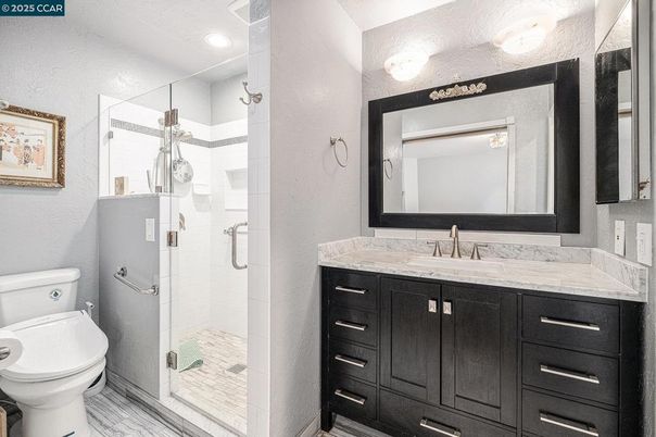 Bathroom, Glass Shower, Interior, Marble, Recessed Lighting