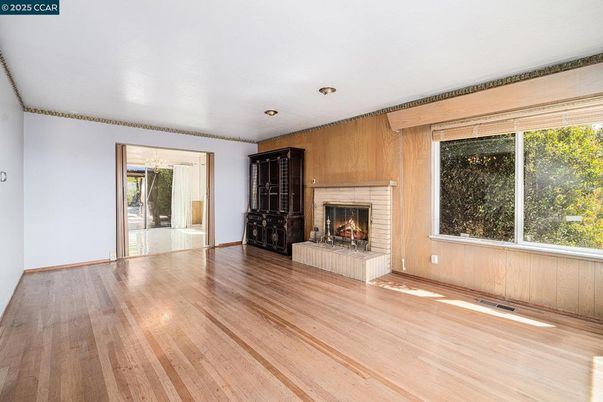 Empty room, Fireplace, Interior, Recessed Lighting, Wood Texture Flooring, Wooden Walls
