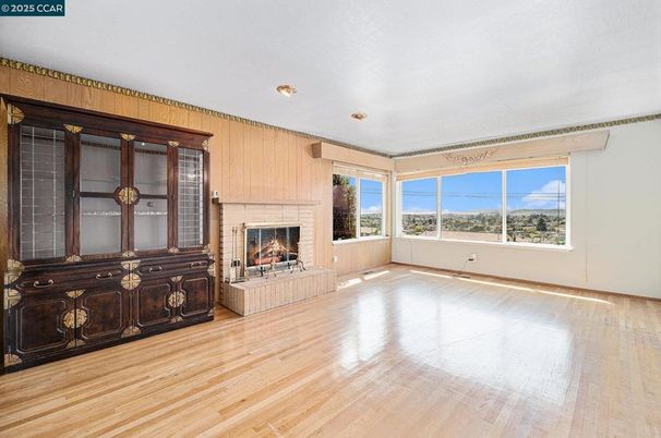 Empty room, Fireplace, Interior, Recessed Lighting, Wood Texture Flooring