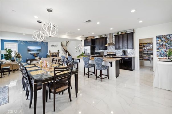 Dining room, Interior, Kitchen, Marble, Pendant Lights, Recessed Lighting, Stainless Steel Appliances
