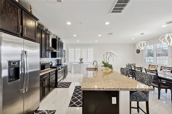 Dining room, Interior, Kitchen, Marble, Pendant Lights, Recessed Lighting, Stainless Steel Appliances