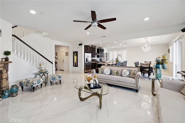Chandelier, Dining room, Interior, Kitchen, Living room, Marble, Recessed Lighting, Stainless Steel Appliances