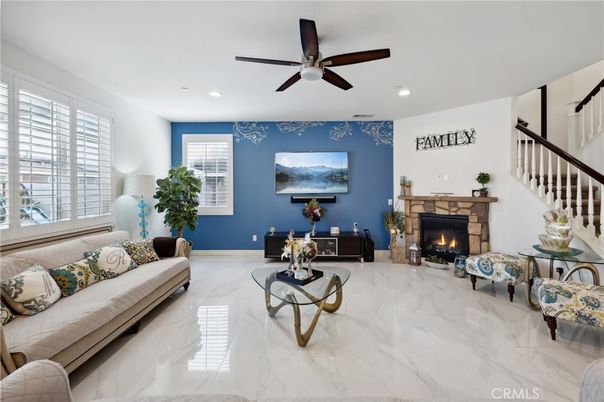 Fireplace, Interior, Living room, Marble, Recessed Lighting