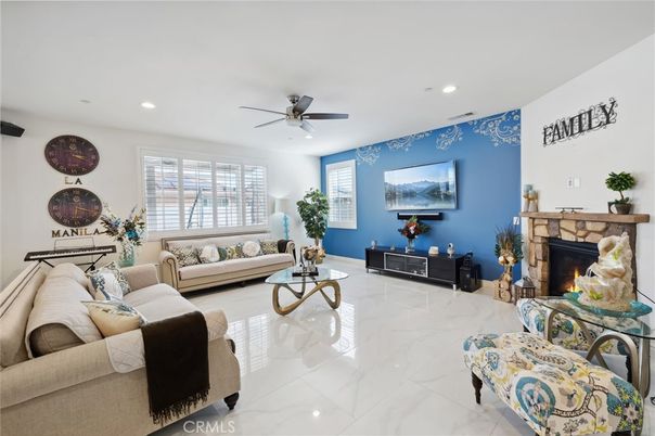 Fireplace, Interior, Living room, Marble, Recessed Lighting