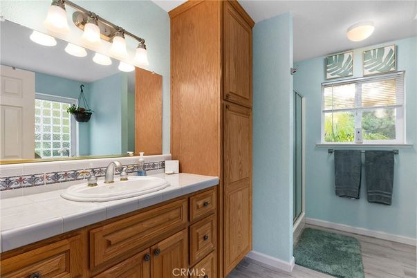 Bathroom, Interior, Tile Countertops, Wood Texture Flooring
