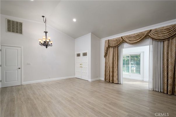 Chandelier, Empty room, Interior, Recessed Lighting, Wood Texture Flooring
