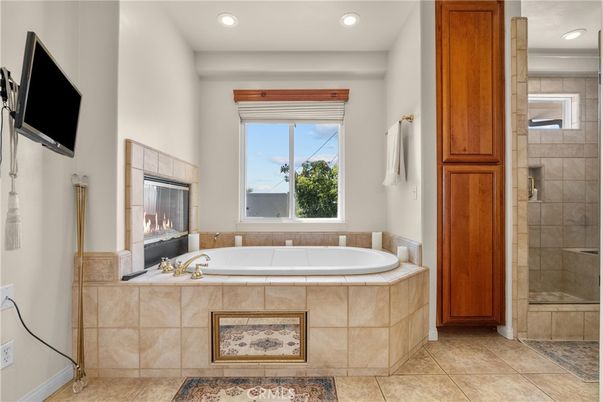 Bathroom, Fireplace, Glass Shower, Interior, Recessed Lighting