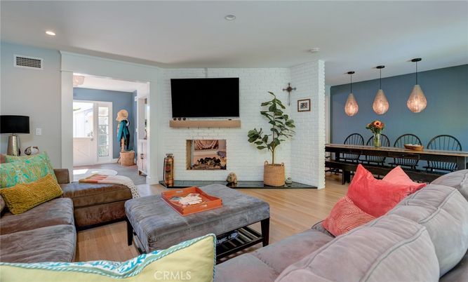 Dining room, Fireplace, Interior, Living room, Pendant Lights, Recessed Lighting, Stone Walls, Wood Texture Flooring