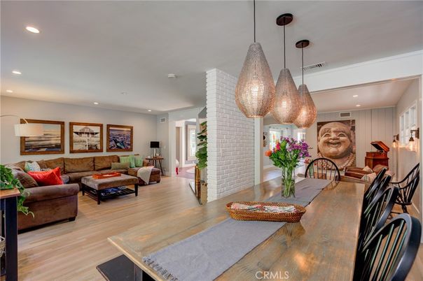 Dining room, Interior, Living room, Pendant Lights, Recessed Lighting, Wood Texture Flooring