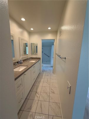 Bathroom, Dual Sink Vanities, Interior, Marble, Recessed Lighting
