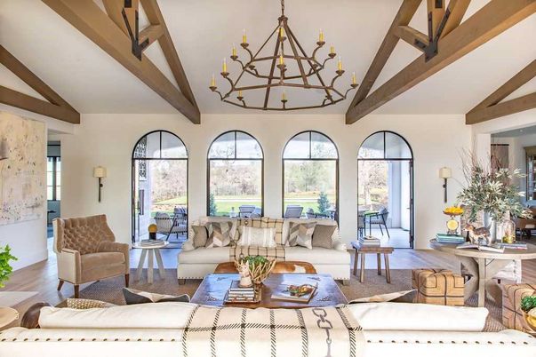 Chandelier, Interior, Living room, Wooden Beams, Wood Texture Flooring