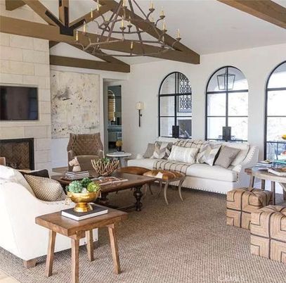 Chandelier, Fireplace, Interior, Living room, Stone Walls, Wooden Beams