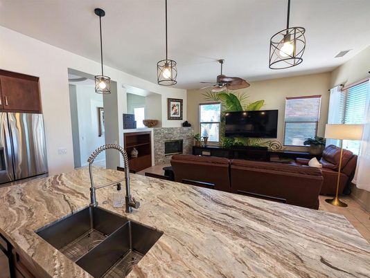 Fireplace, Interior, Kitchen, Living room, Pendant Lights