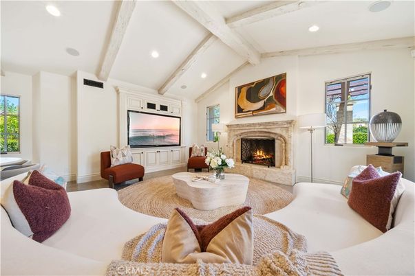 Fireplace, Interior, Living room, Recessed Lighting, Wooden Beams, Wood Texture Flooring