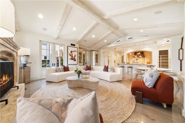 Dining room, Fireplace, Interior, Kitchen, Living room, Pendant Lights, Recessed Lighting, Wood Texture Flooring