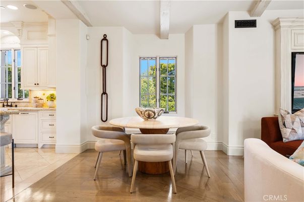 Dining room, Interior, Kitchen, Recessed Lighting, Wooden Beams, Wood Texture Flooring