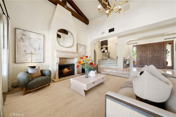 Chandelier, Fireplace, Interior, Living room, Pendant Lights, Wooden Beams, Wood Texture Flooring
