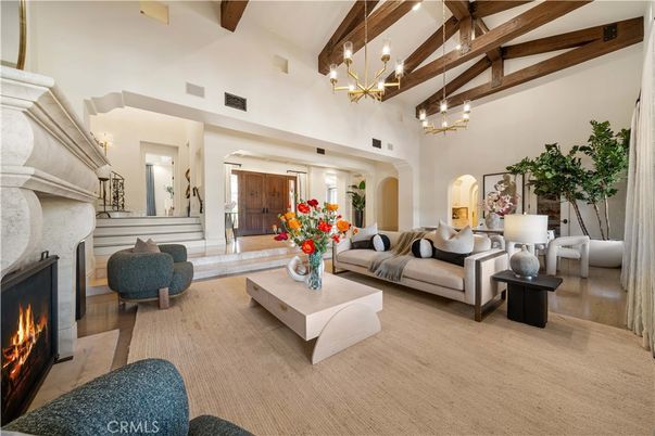 Chandelier, Fireplace, Interior, Living room, Pendant Lights, Wooden Beams