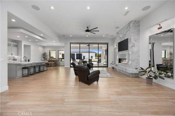 Fireplace, Interior, Kitchen, Living room, Recessed Lighting, Wood Texture Flooring