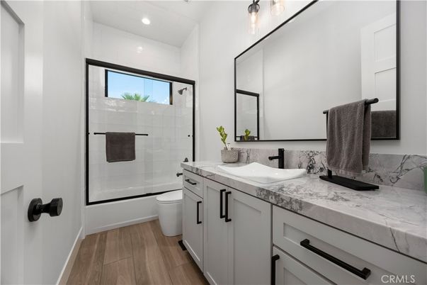 Bathroom, Glass Shower, Interior, Recessed Lighting, Wood Texture Flooring