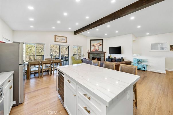 Dining room, Fireplace, Interior, Kitchen, Living room, Recessed Lighting, Wooden Beams, Wood Texture Flooring