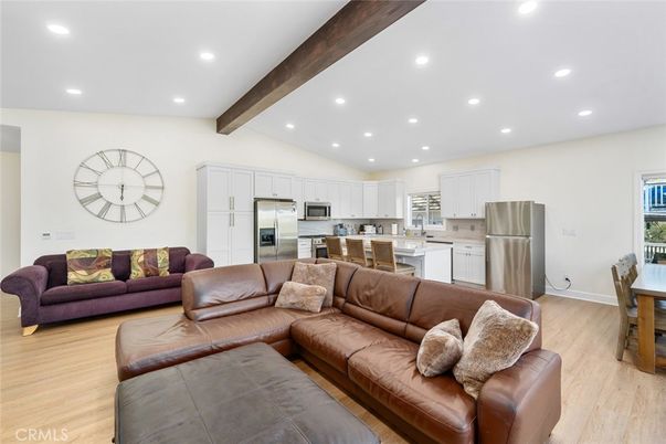 Interior, Kitchen, Living room, Recessed Lighting, Stainless Steel Appliances, Wooden Beams, Wood Texture Flooring