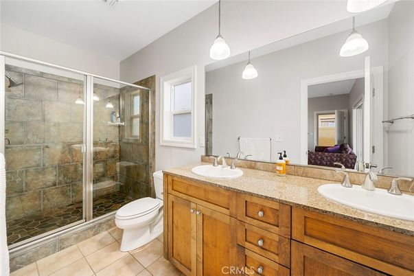 Bathroom, Dual Sink Vanities, Glass Shower, Interior, Pendant Lights