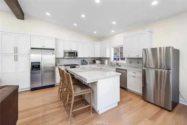 Interior, Kitchen, Recessed Lighting, Stainless Steel Appliances, Wooden Beams, Wood Texture Flooring