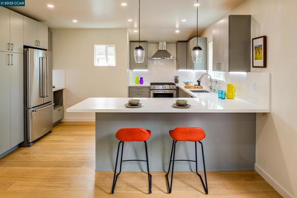 Interior, Kitchen, Pendant Lights, Recessed Lighting, Stainless Steel Appliances, Wood Texture Flooring