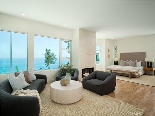 Bedroom, Fireplace, Interior, Living room, Recessed Lighting, Water, Wood Texture Flooring