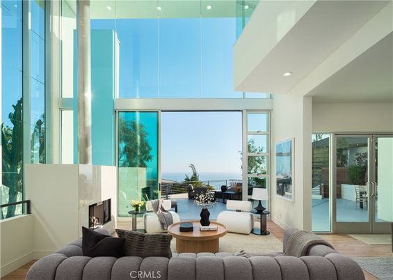Fireplace, Interior, Living room, Recessed Lighting, Water, Wood Texture Flooring