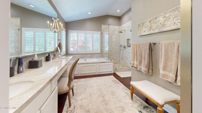 Bathroom, Chandelier, Dual Sink Vanities, Glass Shower, Interior, Recessed Lighting, Wood Texture Flooring