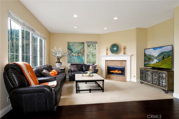 Fireplace, Interior, Living room, Recessed Lighting, Wood Texture Flooring